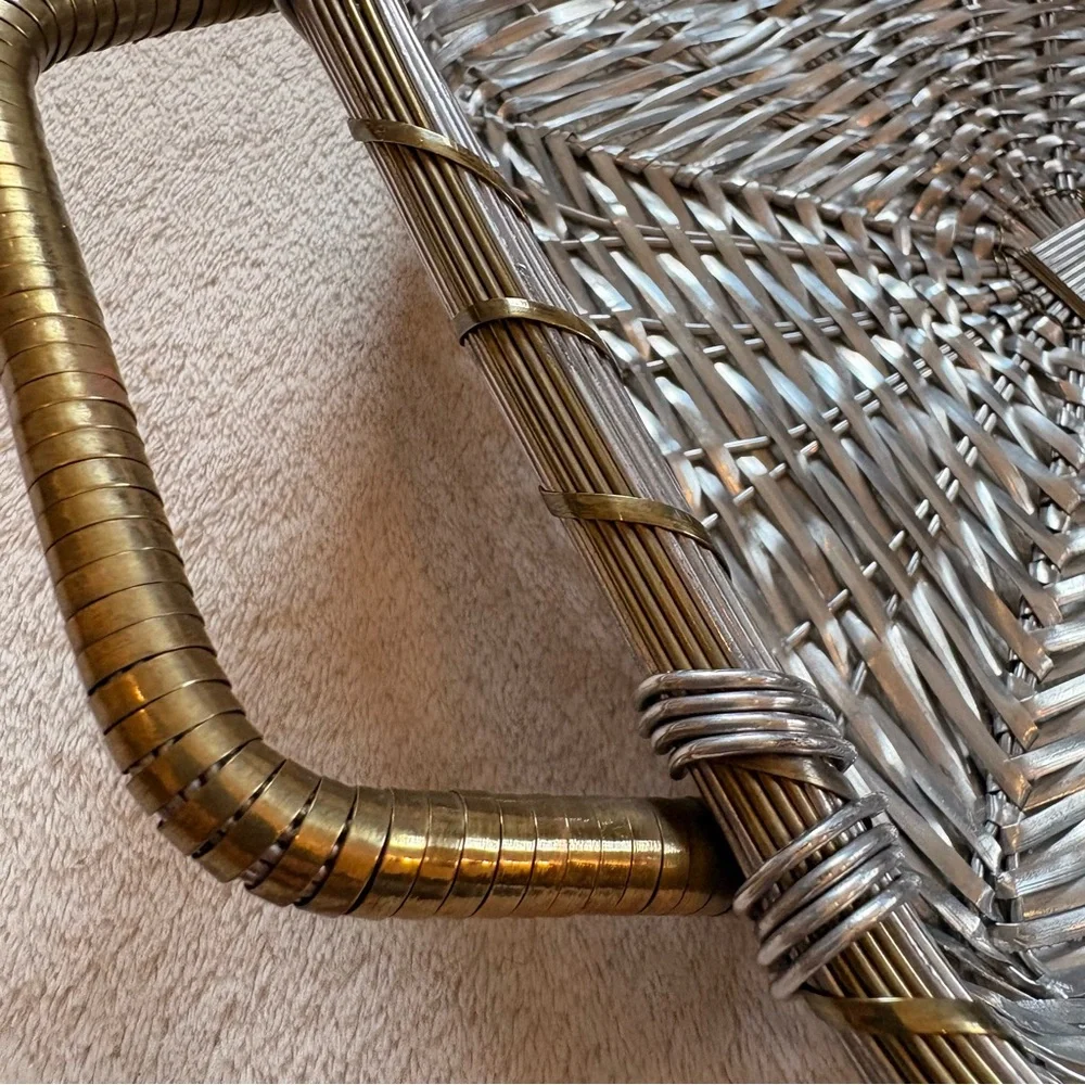 Woven Metal Square Serving Basket with Handles - Silver and Brass NWT